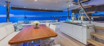 A stunning Lagoon 630 crewed power catamaran available in the Bahamas.