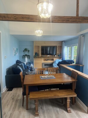 Smart TV, fireplace, books