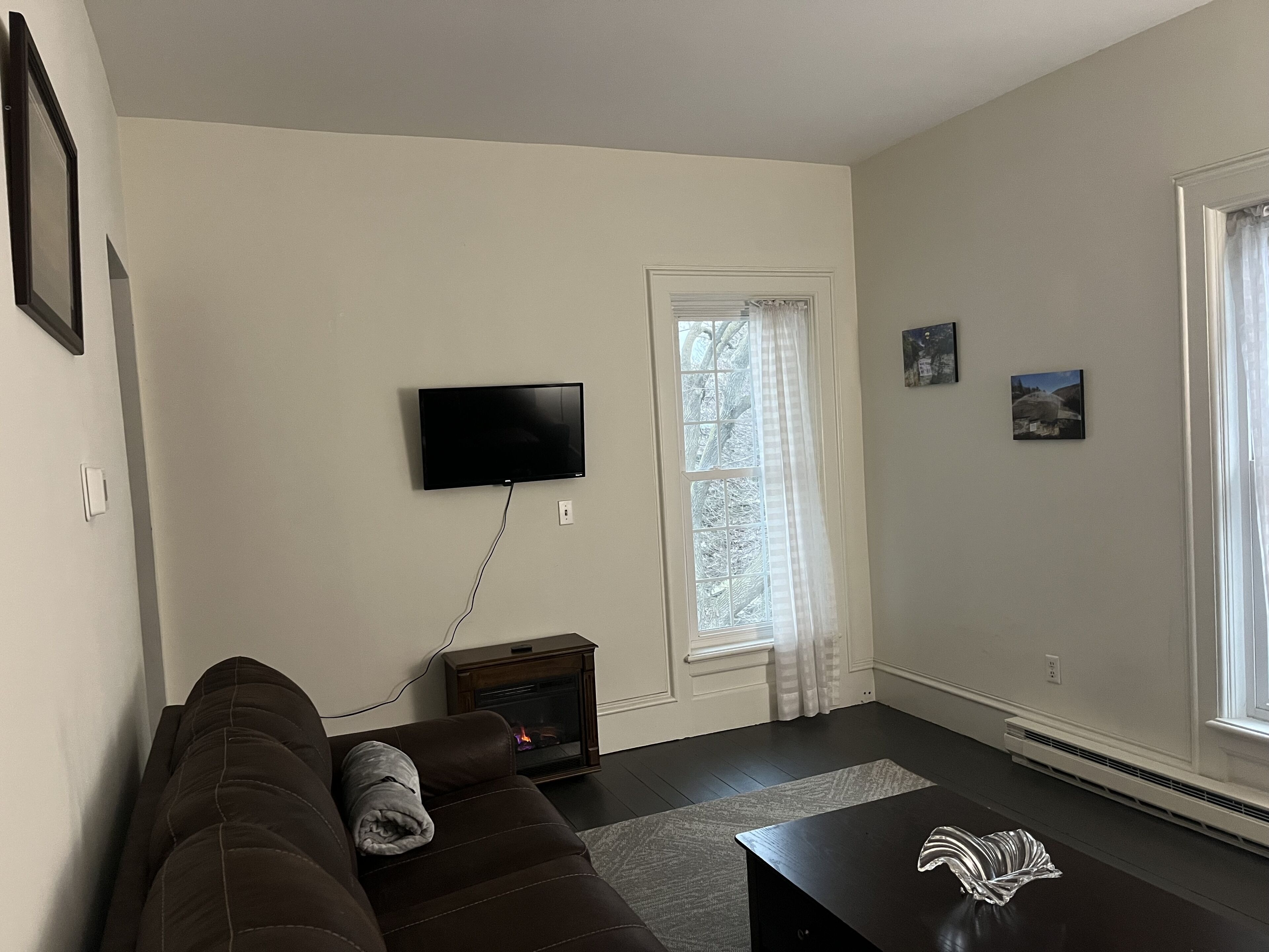 Smart TV, fireplace, books