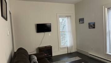 Smart TV, fireplace, books