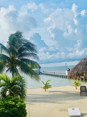 On the beach, sun loungers, beach towels