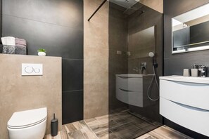 Shower, hair dryer, towels