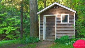 Une petite cabane en bois, dotée d’une porte et d’une fenêtre, entourée d’arbres et de verdure.