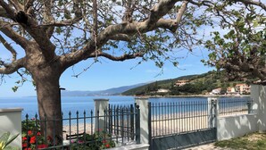 Ein Küsteneigentum mit einem eingezäunten Garten, einem großen Baum und Blick auf das Meer und die entfernten Hügel.