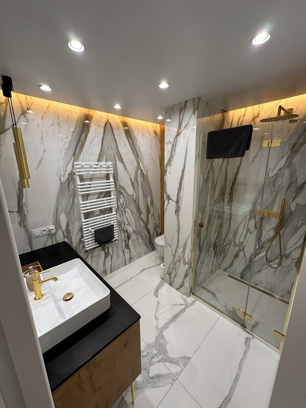Shower, hair dryer, towels, soap