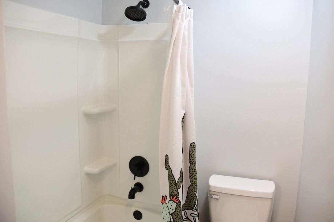 A bathroom with a shower, toilet, and a shower curtain with a cactus design.