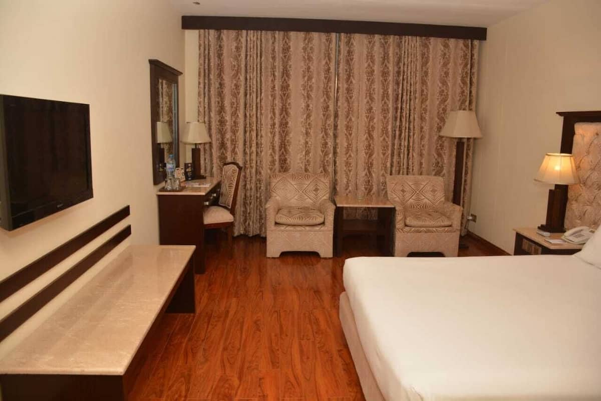 A hotel room with a bed, a desk, two armchairs, a television, and a curtain with a patterned design.
