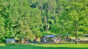 A rustic cabin surrounded by dense forest, with a small shed and a fenced area.