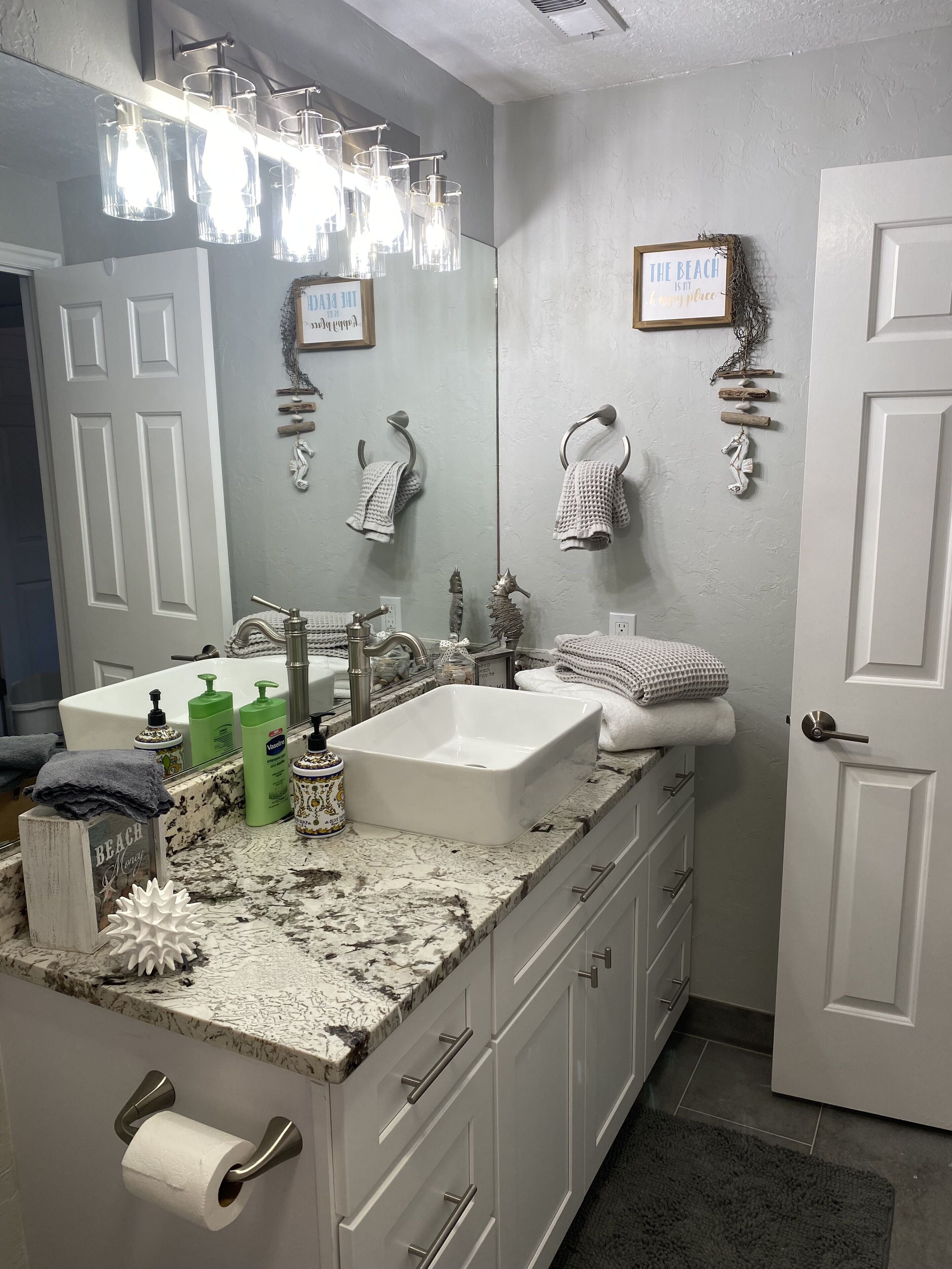 Hair dryer, towels, soap, shampoo
