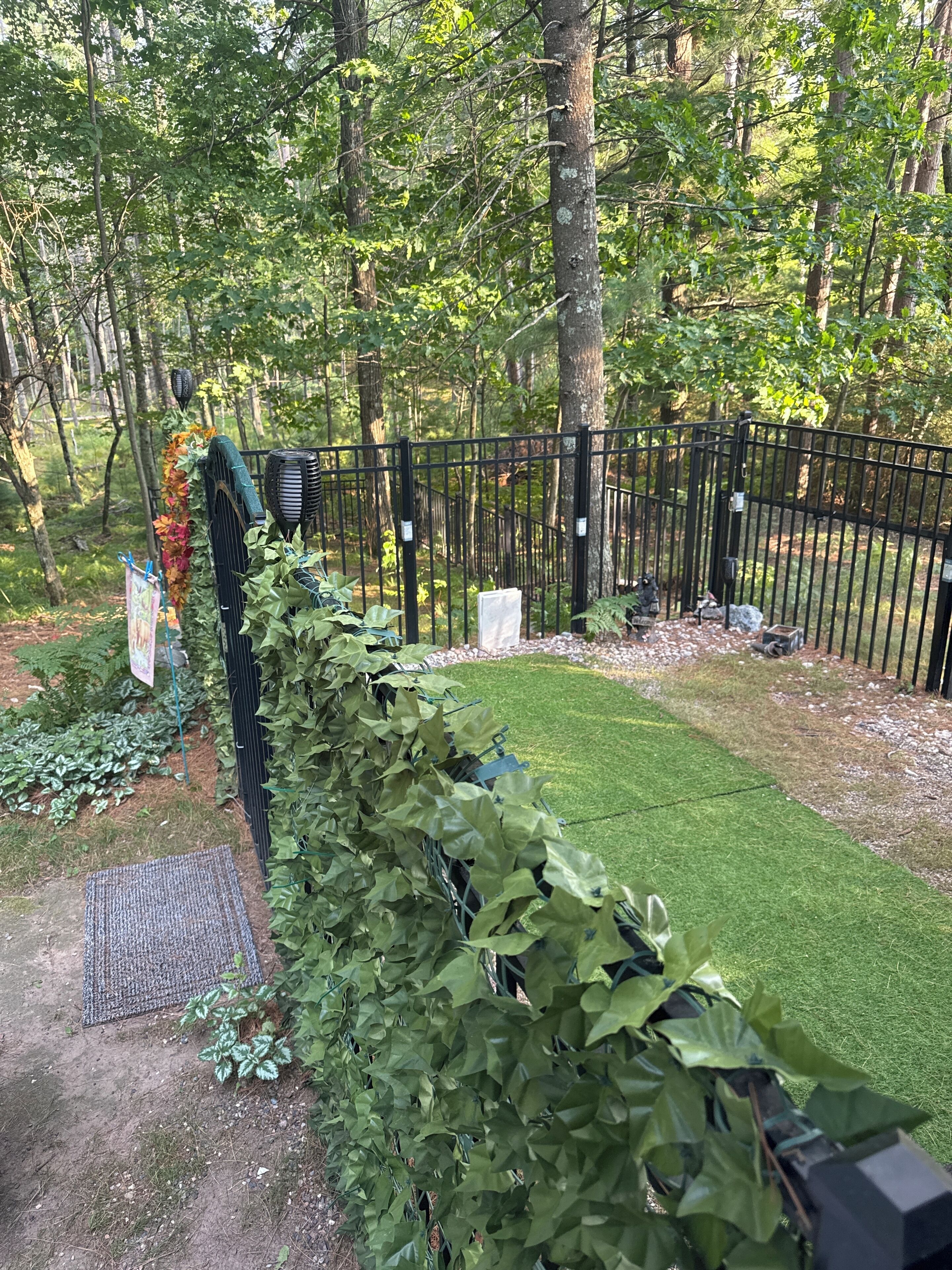 A fenced garden area with a grassy lawn, a metal gate, and a variety of plants.