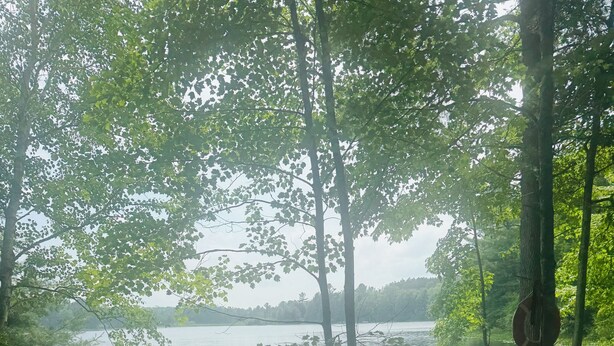 A lakeside campsite with a table, chairs, and a grill.