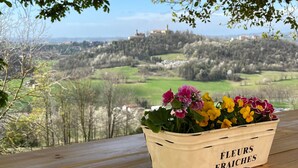 Een houten tafel met een bloempot met de tekst 'FLEURS FRAICHES' op een balkon met uitzicht op een schilderachtig landschap.