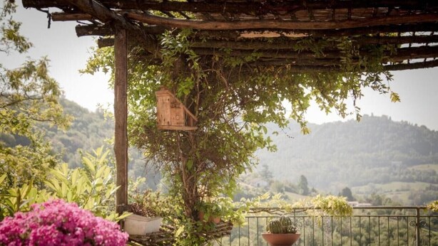 A pergola with a birdhouse, a potted plant, and a view of a hilly landscape. - Villa 'Casa Voglietti' with Private Pool, Wi-Fi and Air Conditioning (Murisengo)