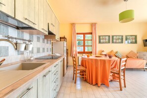 Fridge, stovetop, cookware/dishes/utensils