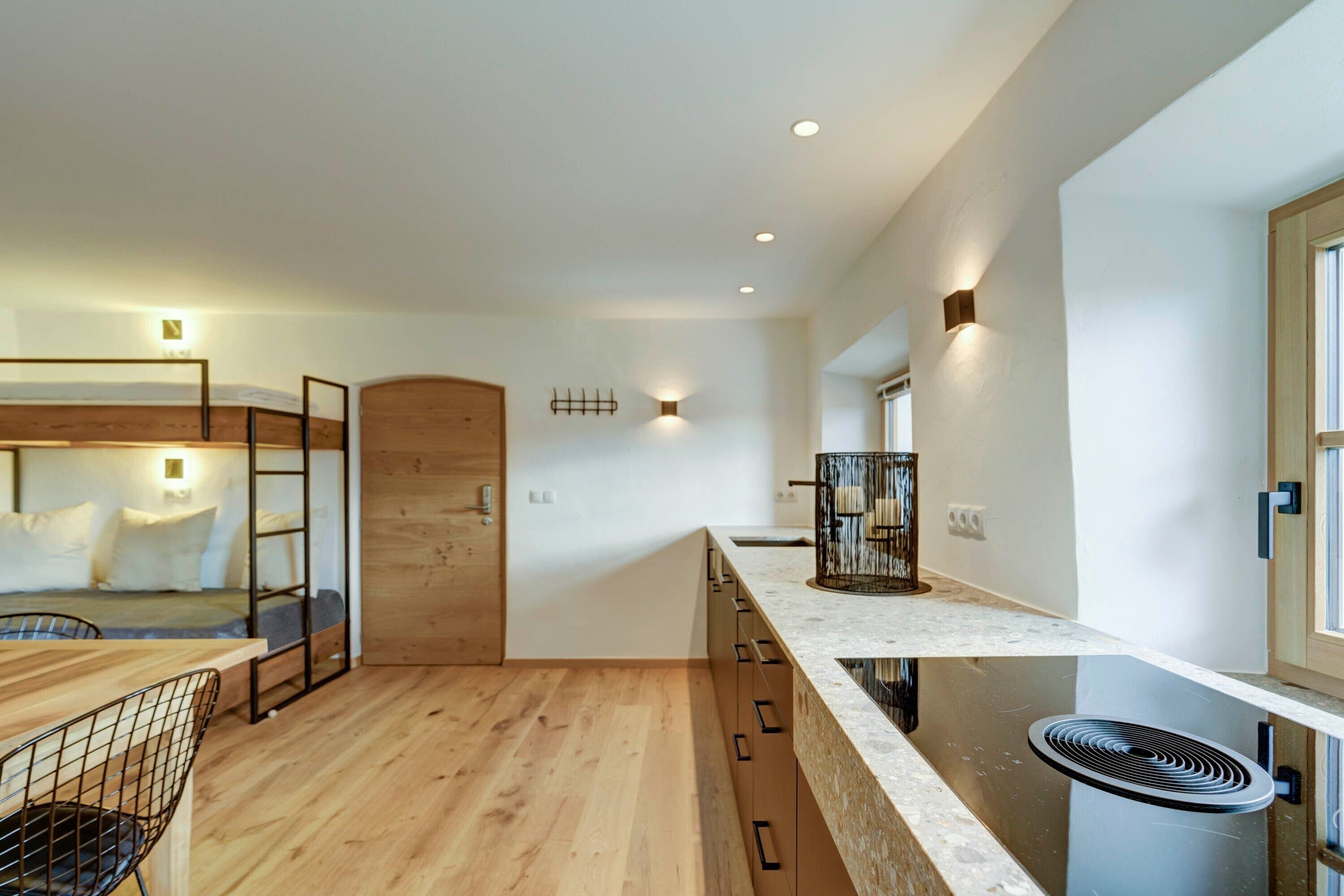 Fridge, stovetop, dishwasher, coffee/tea maker