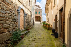 A narrow cobblestone alley with stone buildings, a wooden door, and potted plants. - Holiday Home "Da Susy" with Air Conditioning and Wi-Fi (Pescia)