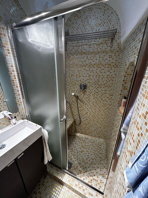 Shower, hair dryer, towels