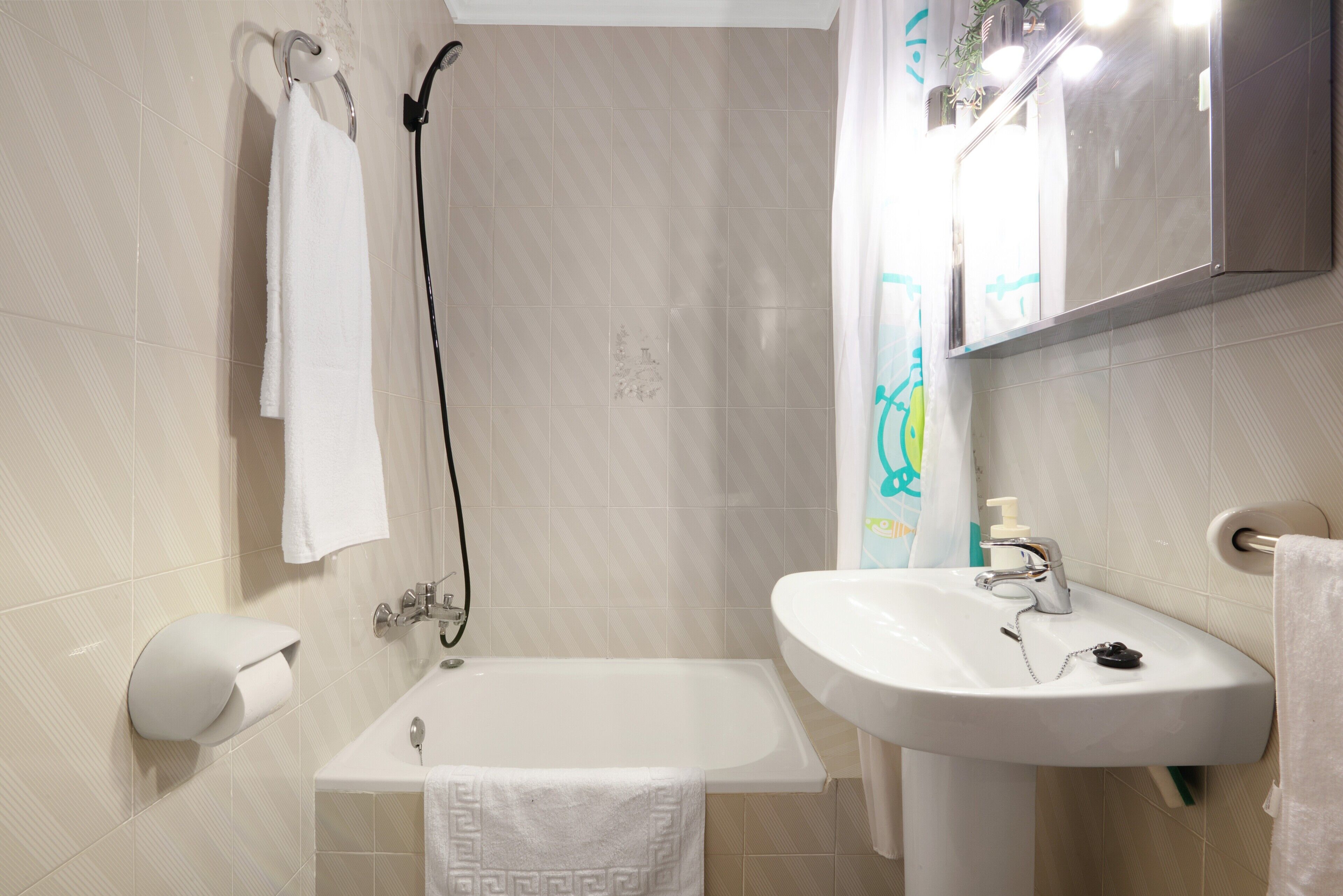 Une salle de bain équipée d’une baignoire, d’un lavabo, d’un porte-serviettes et d’un support à papier toilette.