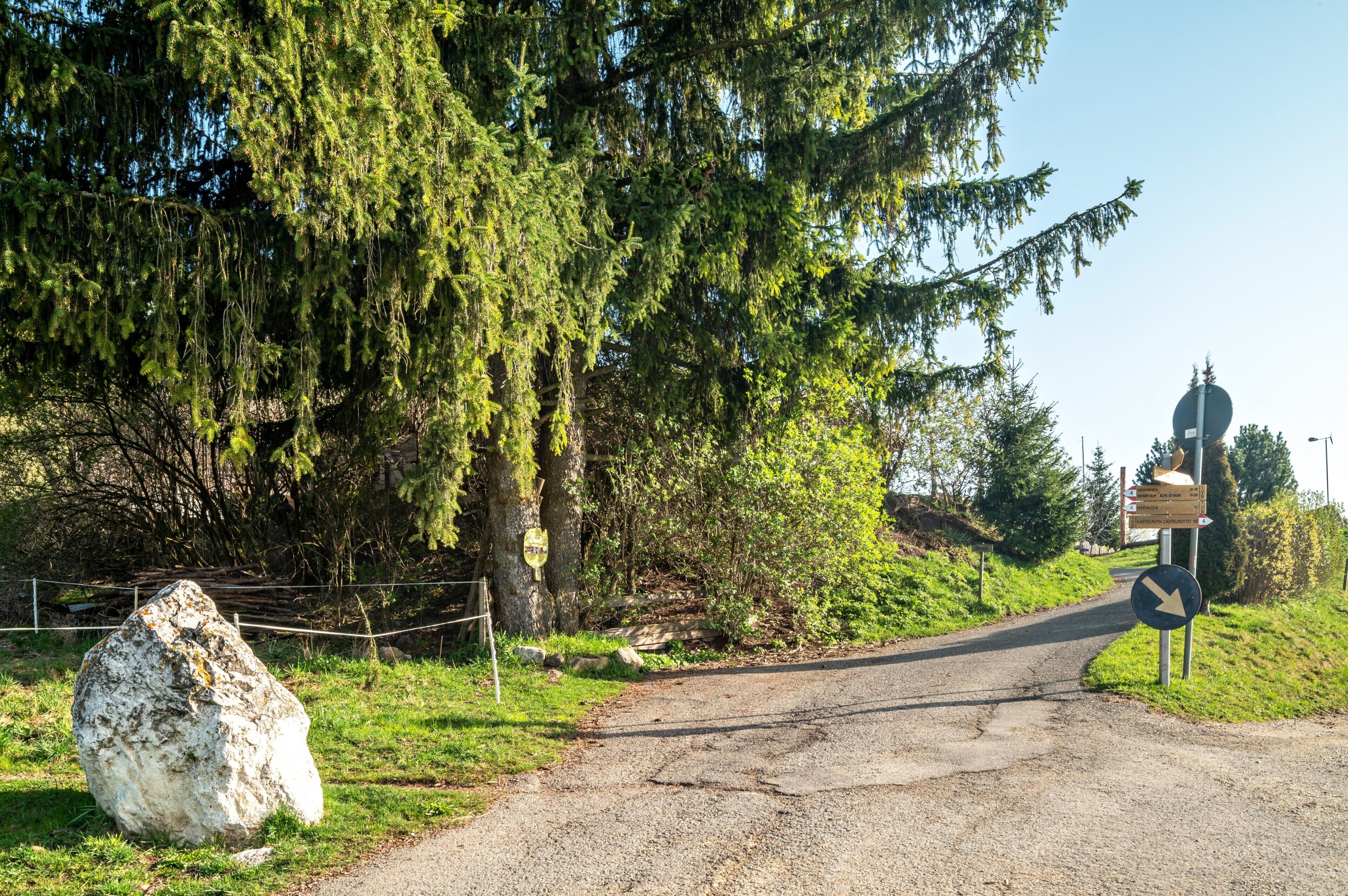 Una carretera rural con una roca grande, árboles y señales de dirección.