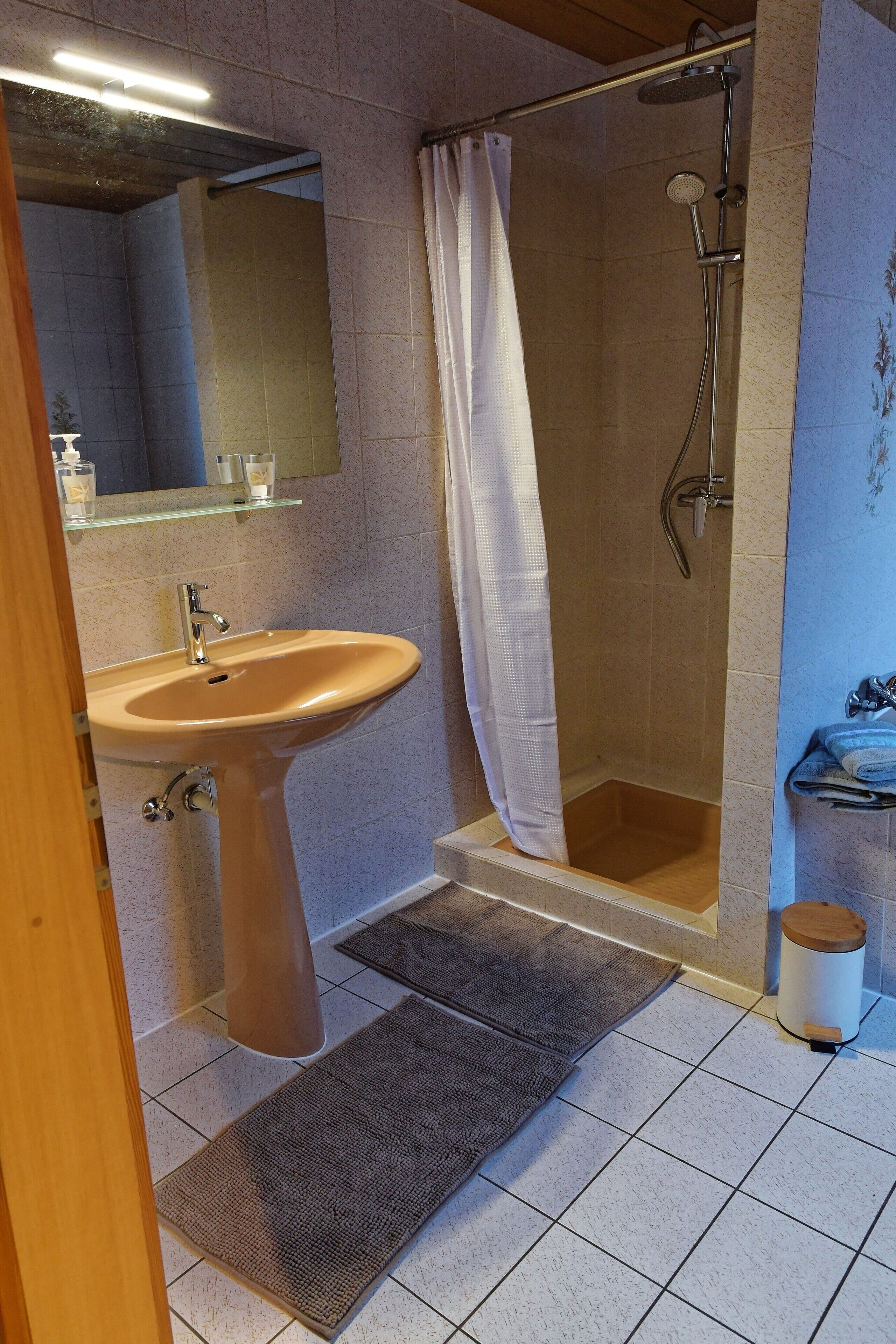 Ein Badezimmer mit Waschbecken, Dusche und Spiegel.