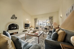 テレビ、暖炉、DVD プレーヤー、ステレオ