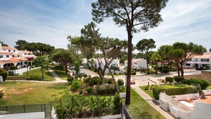 A residential area with houses, a swimming pool, and a well-maintained garden.