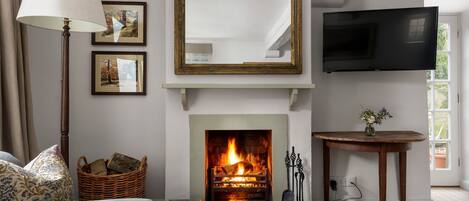 Télévision, cheminée, livres