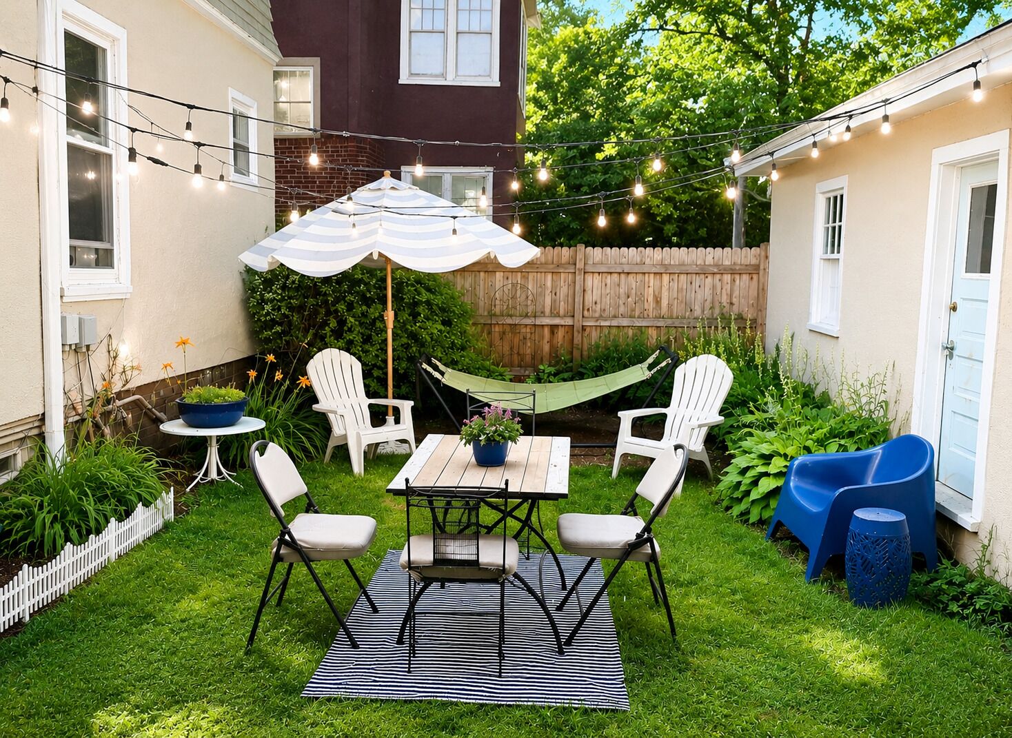 Un jardin avec une table à manger, des chaises, un hamac et des guirlandes lumineuses.
