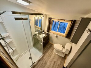 Shower, towels, soap, shampoo