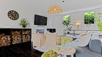 Smart TV, fireplace, stereo