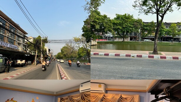 Quarto de hotel com duas camas, televisão e vista para a rua e árvores.