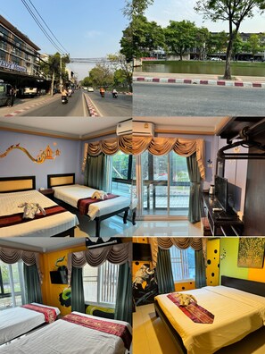 A hotel room with two beds, a TV, and a view of a street and trees. - MedyHouse (Chiang Mai)