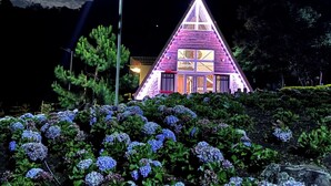 Un bâtiment triangulaire doté d’un toit imposant et de grandes fenêtres, entouré d’une végétation luxuriante et de fleurs violettes.
