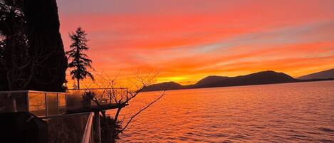 A sunset view over a body of water with a rocky shoreline and a few trees.
