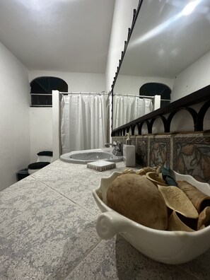 Hair dryer, towels, soap, shampoo