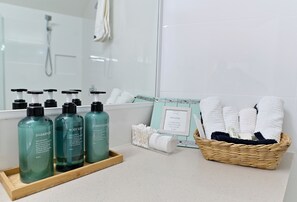 Hair dryer, towels, soap, shampoo