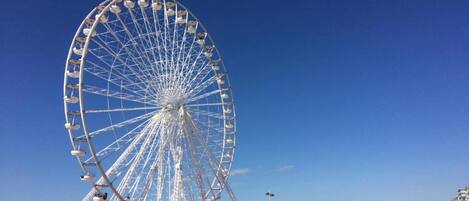 A large Ferris wheel at a beach with a clear sky.