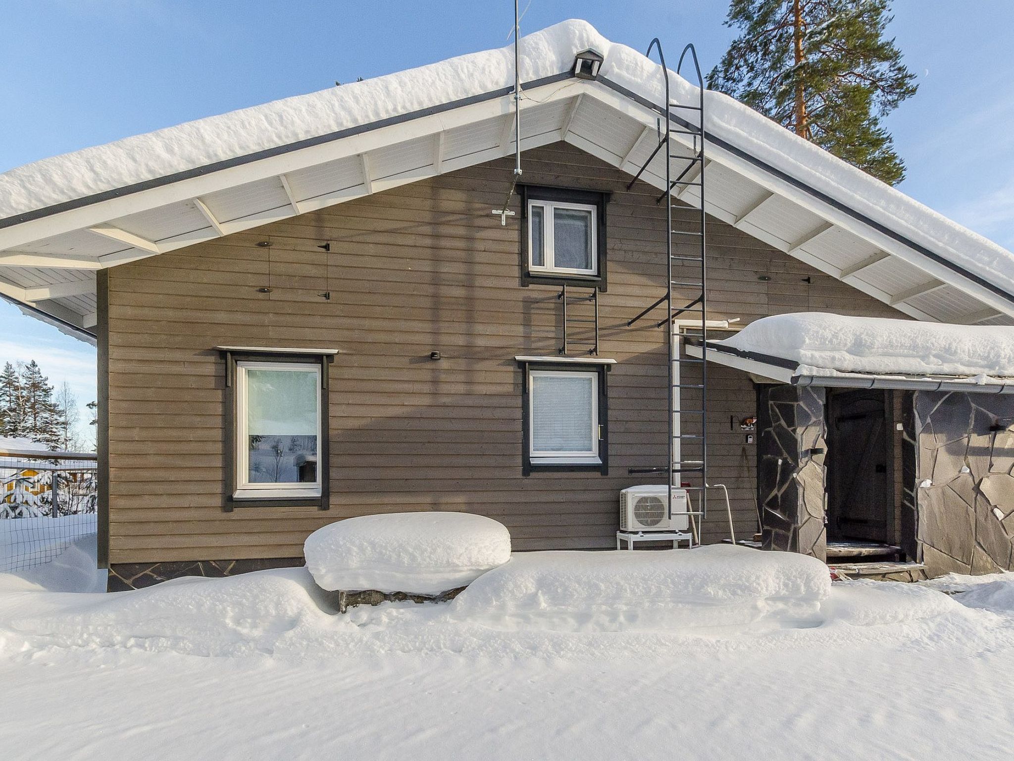 A wooden house with a snow-covered roof, two windows, and a ladder.