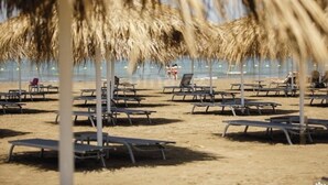 Une plage avec des parasols en chaume et des chaises longues.