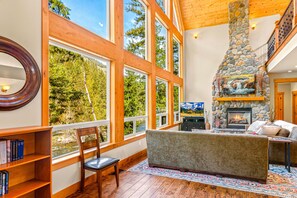 TV connectée, cheminée, lecteur de DVD, chaîne hi-fi