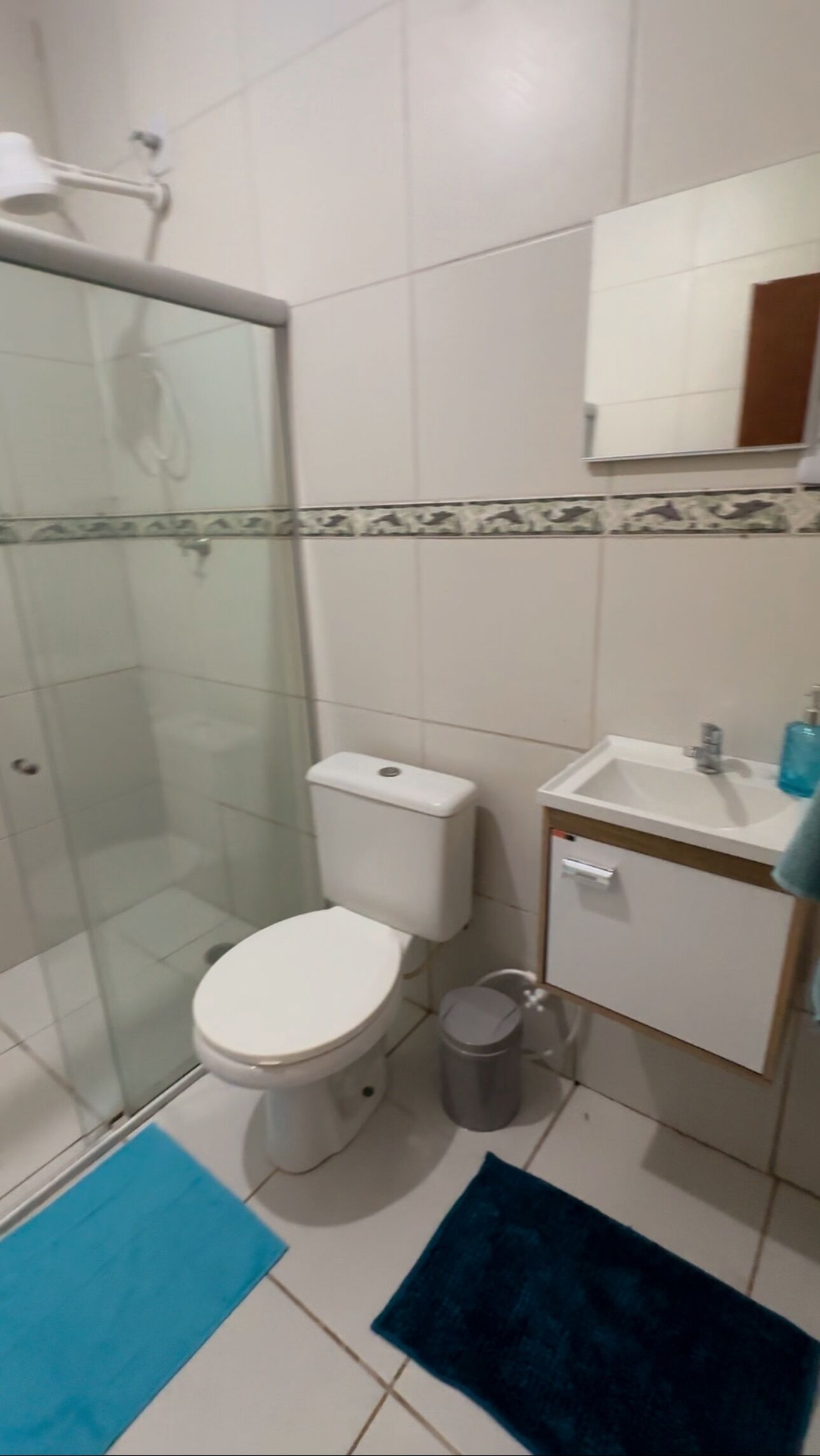 Un baño con inodoro, lavabo y ducha.