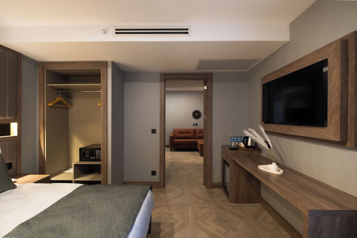 A modern hotel room with a bed, a walk-in closet, a desk with a mirror, and a television.