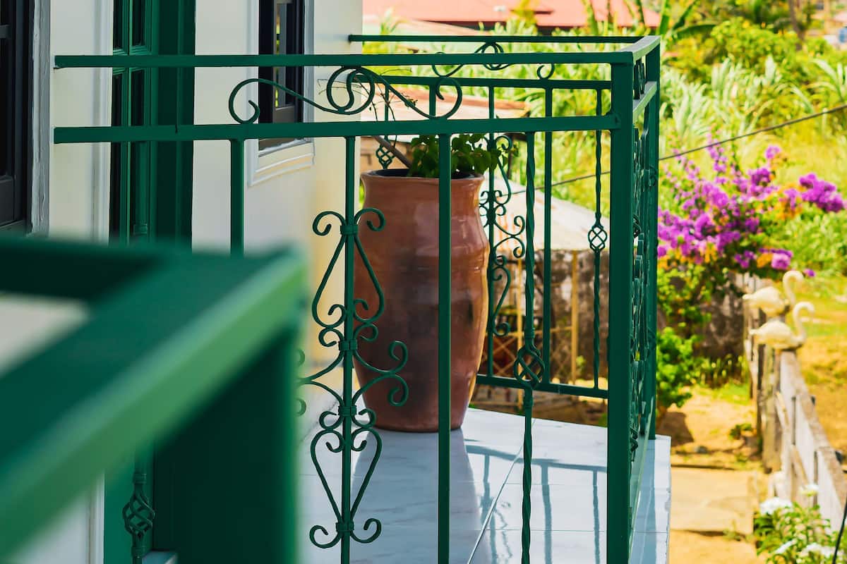 Un balcon avec une rambarde verte, un pot de fleurs et une vue sur une maison avec un toit rouge.