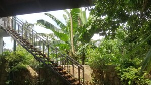 A staircase leading up to a covered area surrounded by lush greenery and potted plants. - Blossoms Apartment (Ragama)