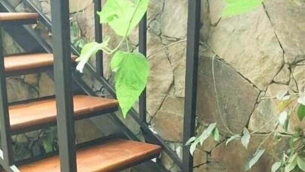 A staircase with wooden steps and metal railings, leading up to a stone wall. - Blossoms Apartment (Ragama)