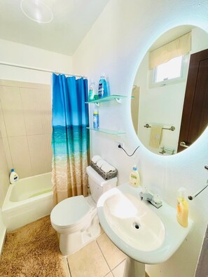 Hair dryer, towels, soap, shampoo