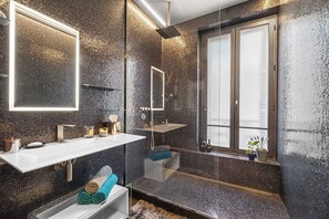 Shower, hair dryer, towels