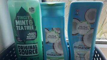 Shower, hair dryer, towels