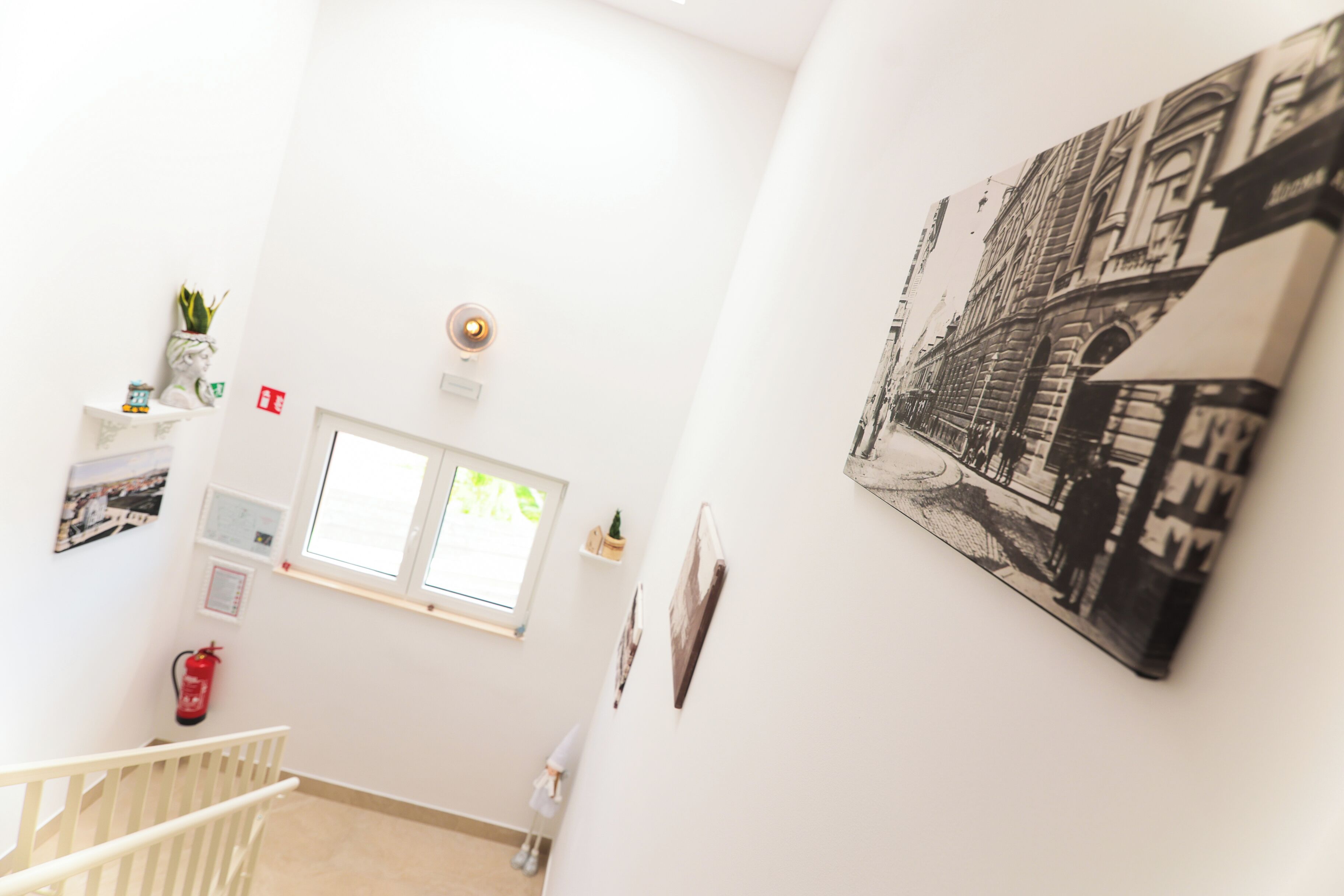 A hallway with a white wall, a window, a fire extinguisher, a small plant, and a framed picture.