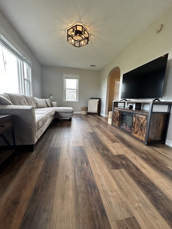 Smart TV, fireplace, books